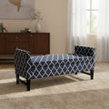 Blue and White Quatrefoil Dark Wood Storage Bench