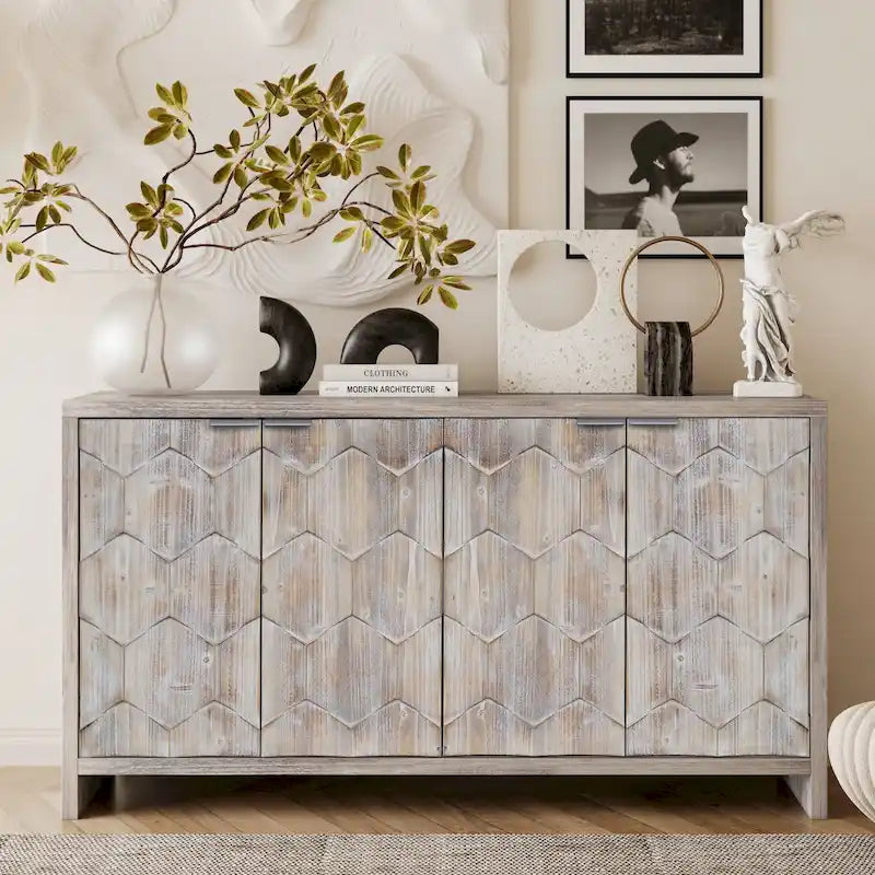 Mobiletto d'accento in stile rustico a 4 ante, mobile credenza in legno, buffet, server, mobile contenitore