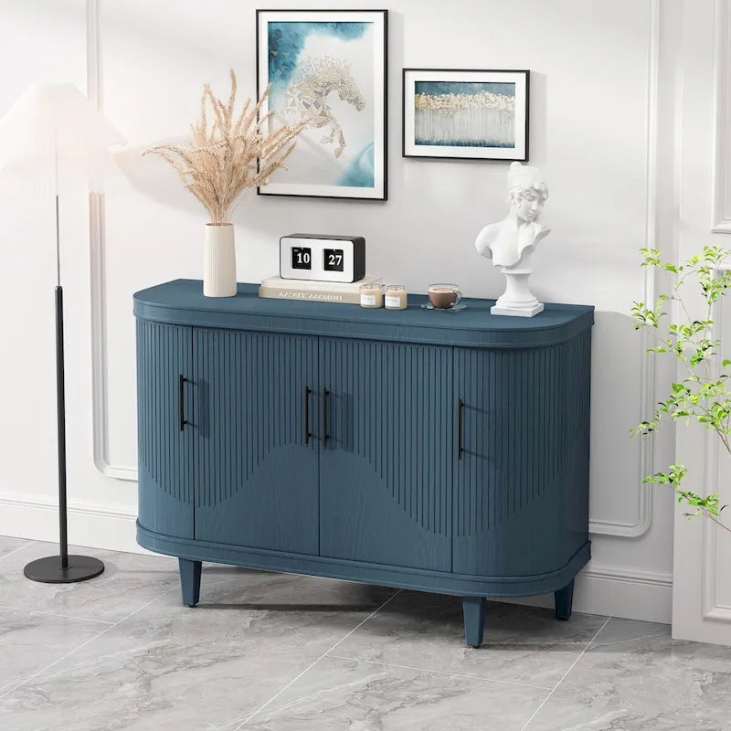 Madia moderna curva con mobile contenitore in legno a 4 ante e ripiani regolabili