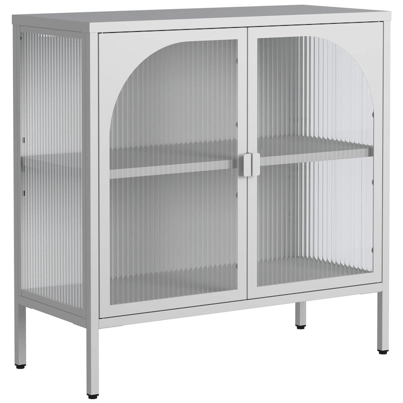 Madia in metallo, Credenza con 2 ante in vetro, Mobile bar con ripiani regolabili capacità 90 kg