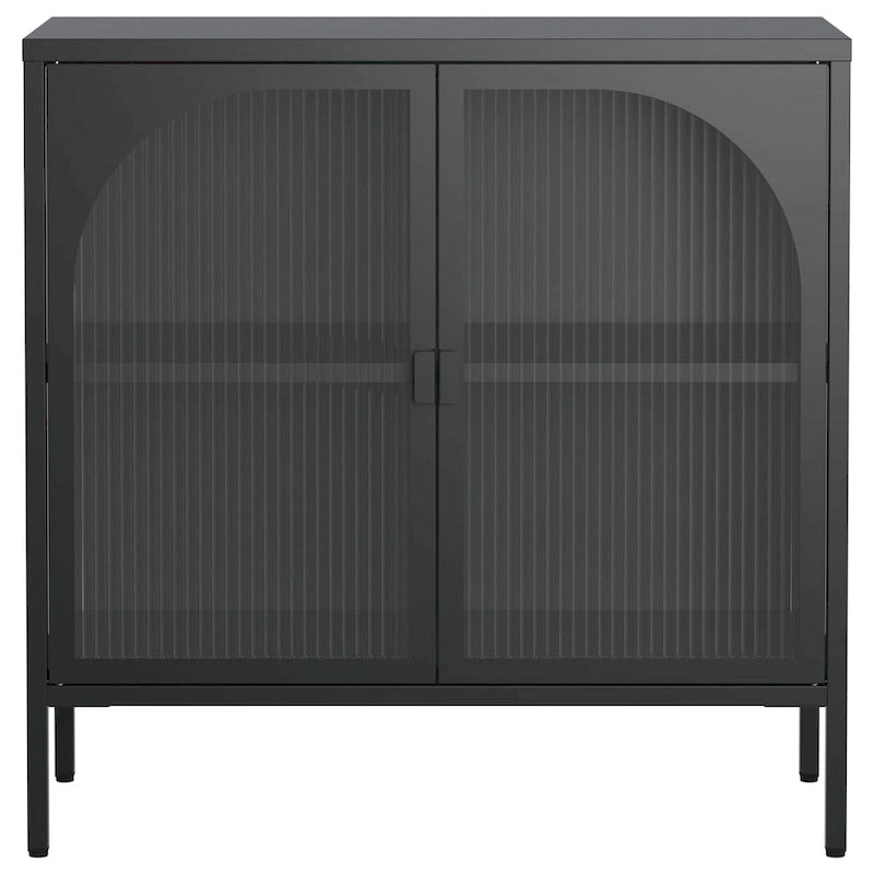 Madia in metallo, Credenza con 2 ante in vetro, Mobile bar con ripiani regolabili capacità 90 kg