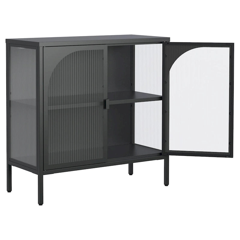 Madia in metallo, Credenza con 2 ante in vetro, Mobile bar con ripiani regolabili capacità 90 kg