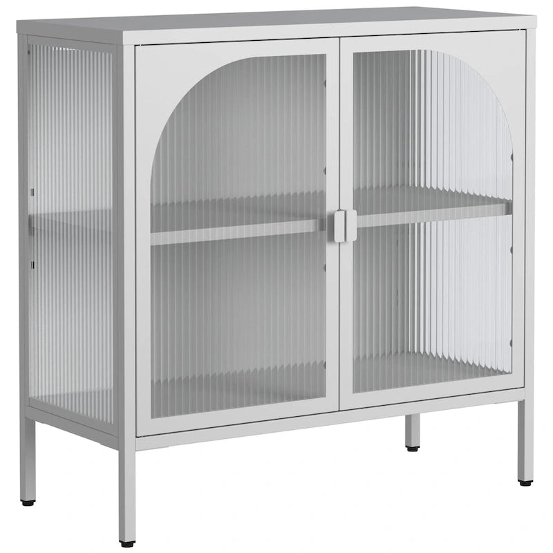 Madia in metallo, Credenza con 2 ante in vetro, Mobile bar con ripiani regolabili capacità 90 kg