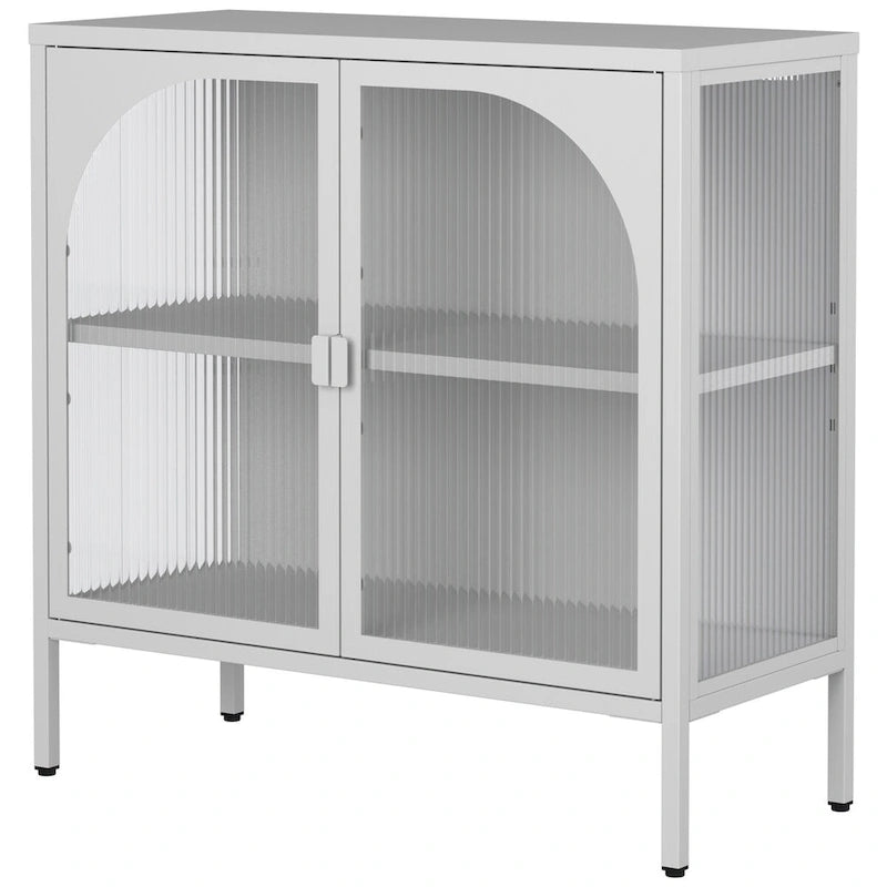 Madia in metallo, Credenza con 2 ante in vetro, Mobile bar con ripiani regolabili capacità 90 kg