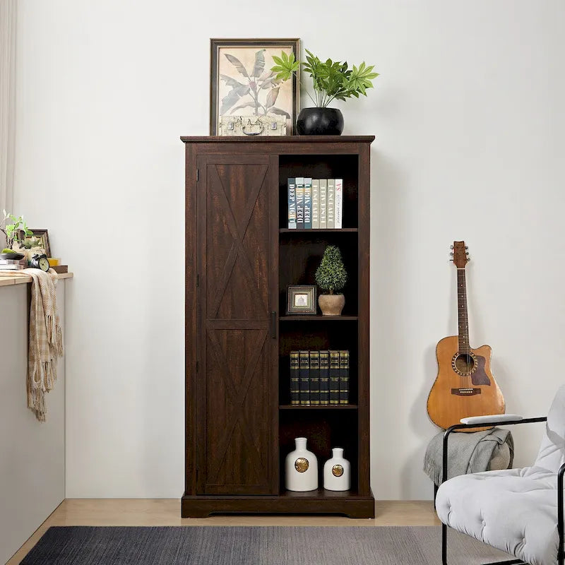 Mobiletto Contenitore Dispensa Stile Rustico con Ante Scorrevoli a Stalla, Mobile Organizer Salvaspazio per Casa con Cassetti e Ripiani