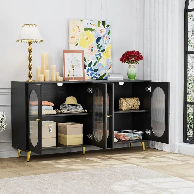 Credenza a buffet moderna minimalista in legno con 4 ante in acrilico e ripiani interni regolabili