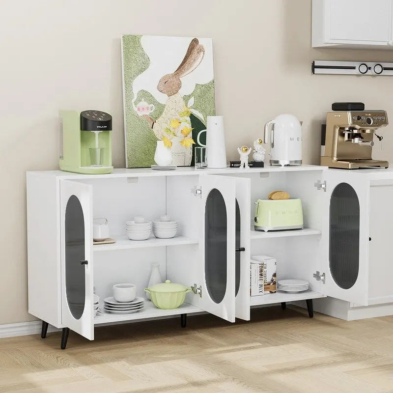Credenza a buffet moderna minimalista in legno con 4 ante in acrilico e ripiani interni regolabili