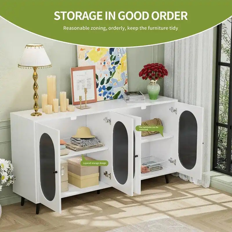 Credenza a buffet moderna minimalista in legno con 4 ante in acrilico e ripiani interni regolabili