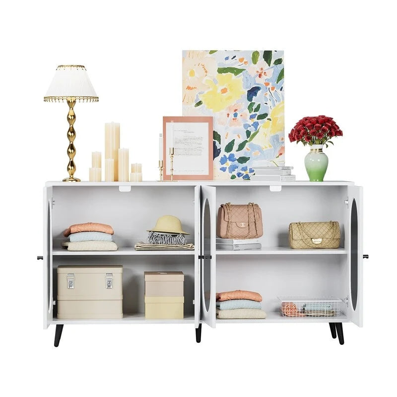 Credenza a buffet moderna minimalista in legno con 4 ante in acrilico e ripiani interni regolabili