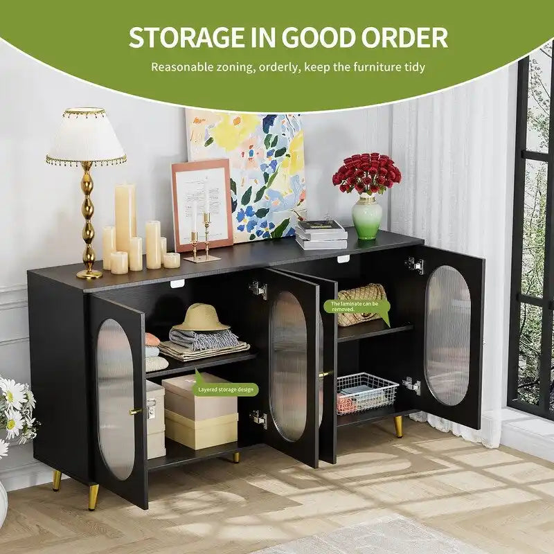 Credenza a buffet moderna minimalista in legno con 4 ante in acrilico e ripiani interni regolabili