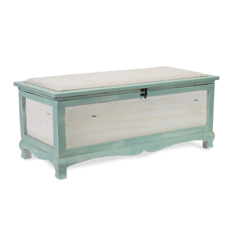 Panca cassapanca shabby in legno verde acqua con cuscino – L: 91,5 x P: 42 x H: 38 cm
