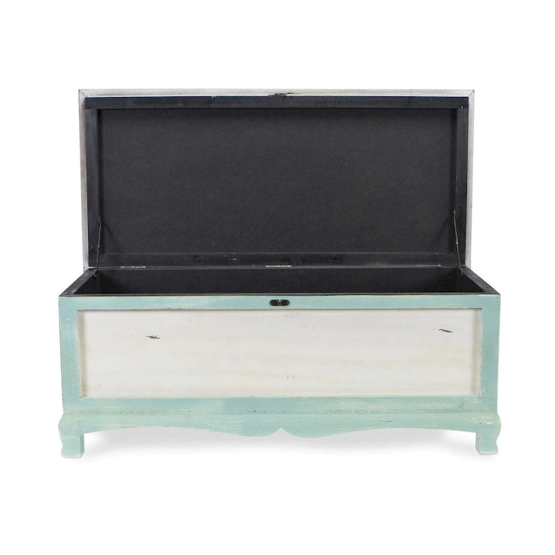 Panca cassapanca shabby in legno verde acqua con cuscino – L: 91,5 x P: 42 x H: 38 cm