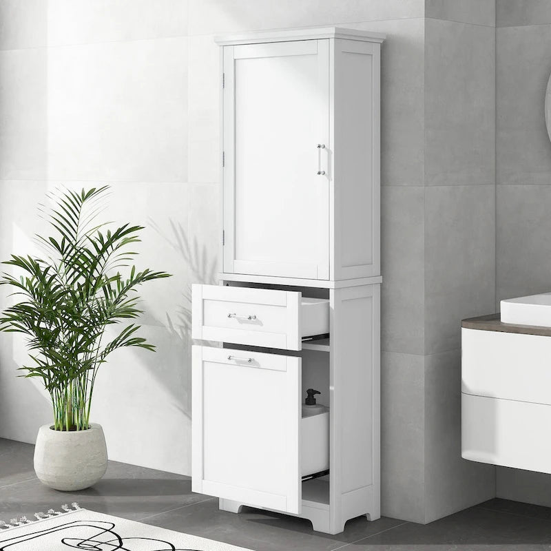 Mobile bagno alto 68 cm in legno bianco a 1 anta con cassetti e ripiano regolabile