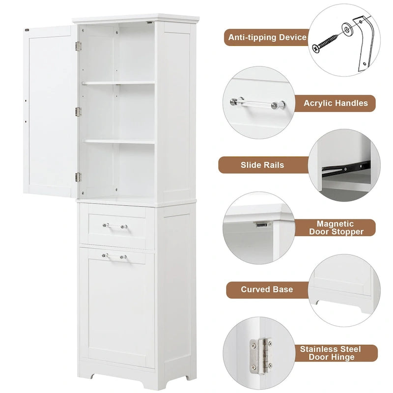 Mobile bagno alto 68 cm in legno bianco a 1 anta con cassetti e ripiano regolabile