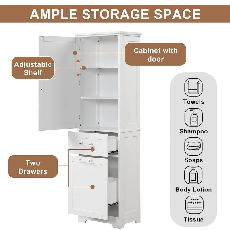 Mobile bagno alto 68 cm in legno bianco a 1 anta con cassetti e ripiano regolabile