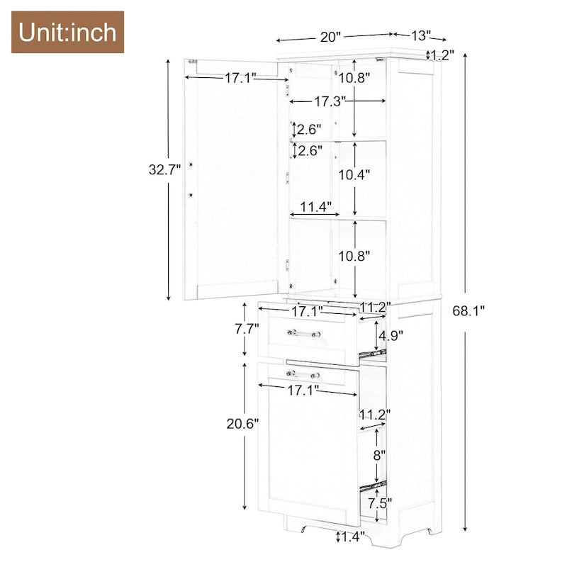 Mobile bagno alto 68 cm in legno bianco a 1 anta con cassetti e ripiano regolabile