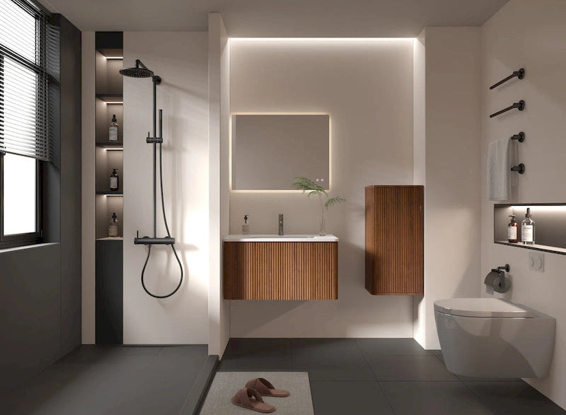 Mobiletto laterale sospeso da bagno in noce a strisce, Mobiletto contenitore a parete per piccoli spazi