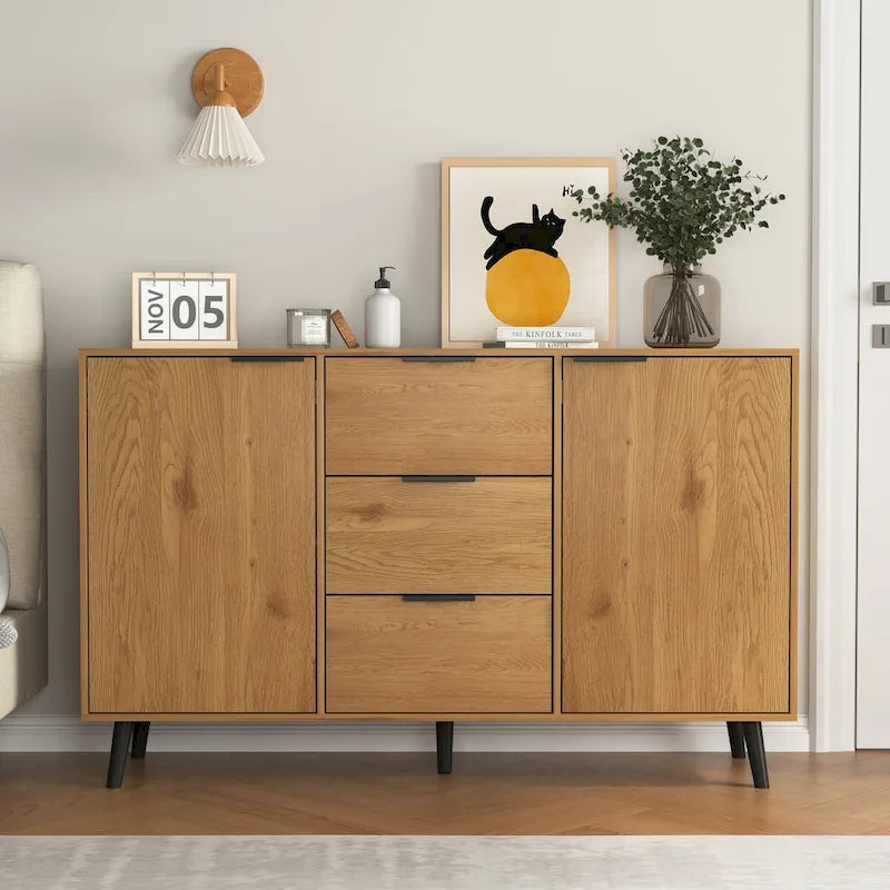 Madia Buffet, Mobile Bar Caffè, Mobiletto da 120 cm con 3 Cassetti e 2 Ante, Credenza da Cucina Naturale