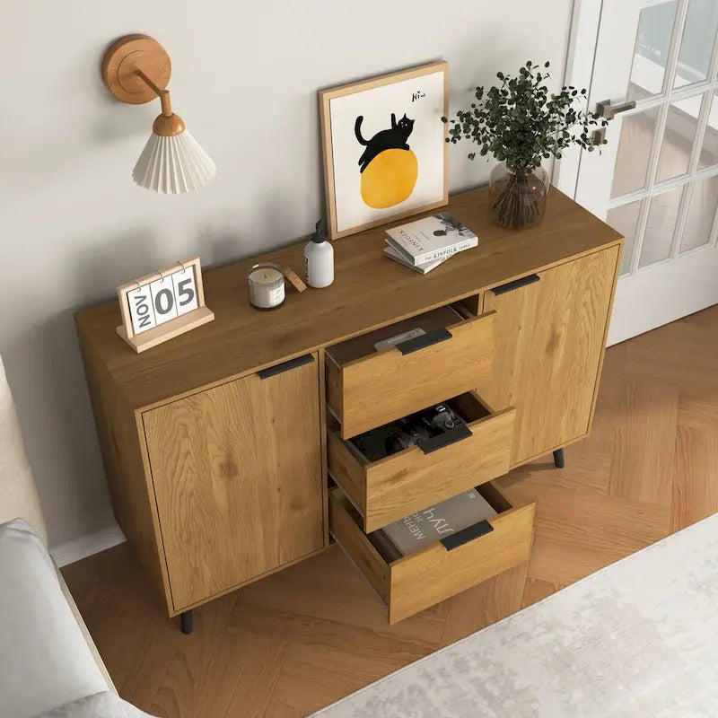 Madia Buffet, Mobile Bar Caffè, Mobiletto da 120 cm con 3 Cassetti e 2 Ante, Credenza da Cucina Naturale