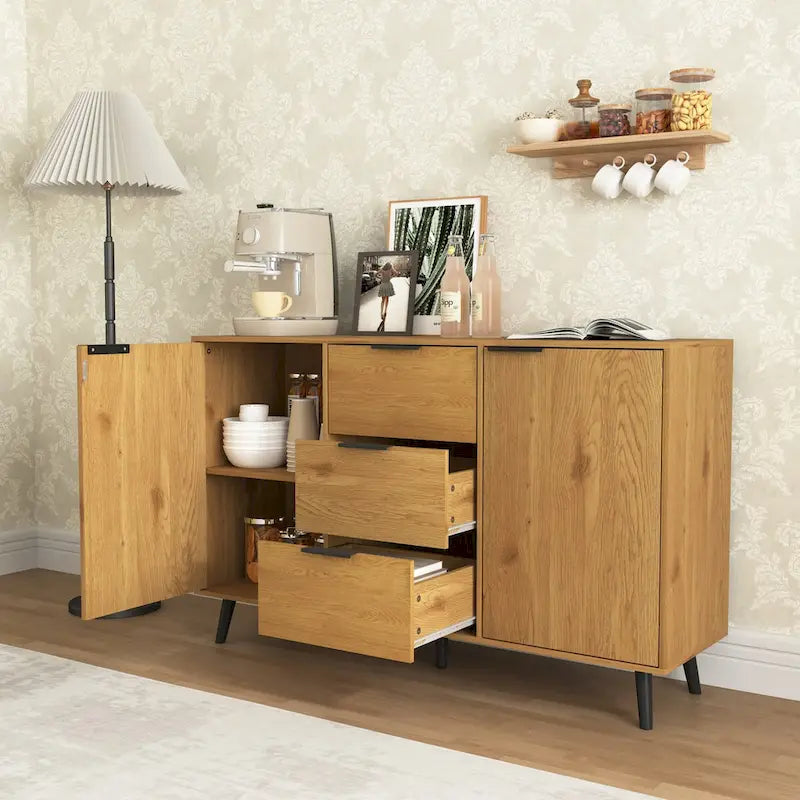Madia Buffet, Mobile Bar Caffè, Mobiletto da 120 cm con 3 Cassetti e 2 Ante, Credenza da Cucina Naturale