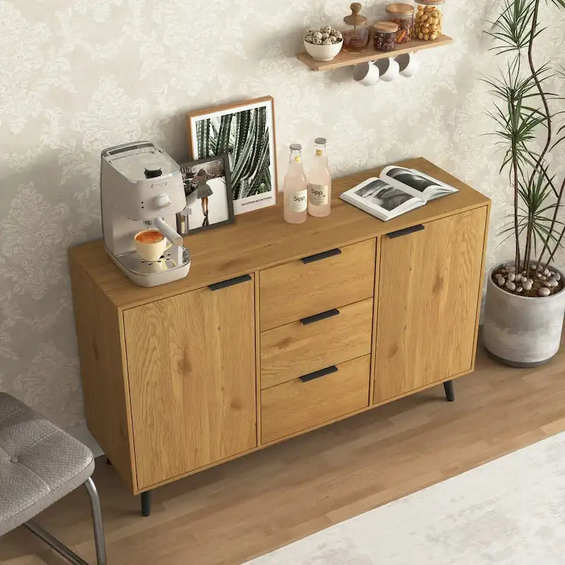 Madia Buffet, Mobile Bar Caffè, Mobiletto da 120 cm con 3 Cassetti e 2 Ante, Credenza da Cucina Naturale