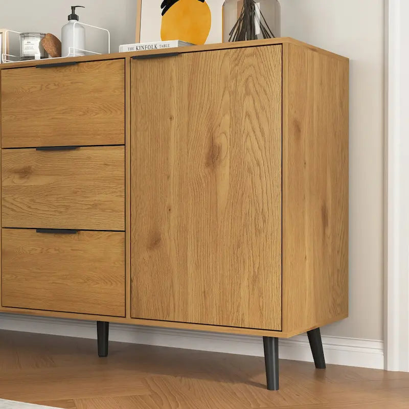Madia Buffet, Mobile Bar Caffè, Mobiletto da 120 cm con 3 Cassetti e 2 Ante, Credenza da Cucina Naturale