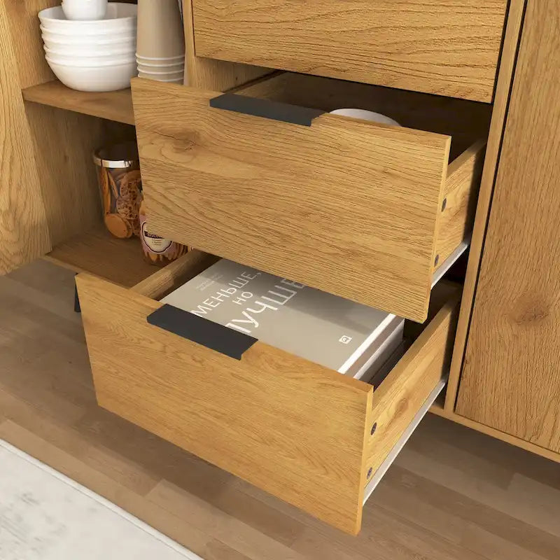 Madia Buffet, Mobile Bar Caffè, Mobiletto da 120 cm con 3 Cassetti e 2 Ante, Credenza da Cucina Naturale