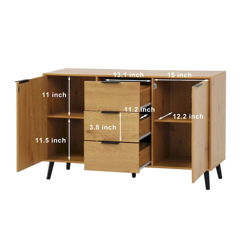 Madia Buffet, Mobile Bar Caffè, Mobiletto da 120 cm con 3 Cassetti e 2 Ante, Credenza da Cucina Naturale